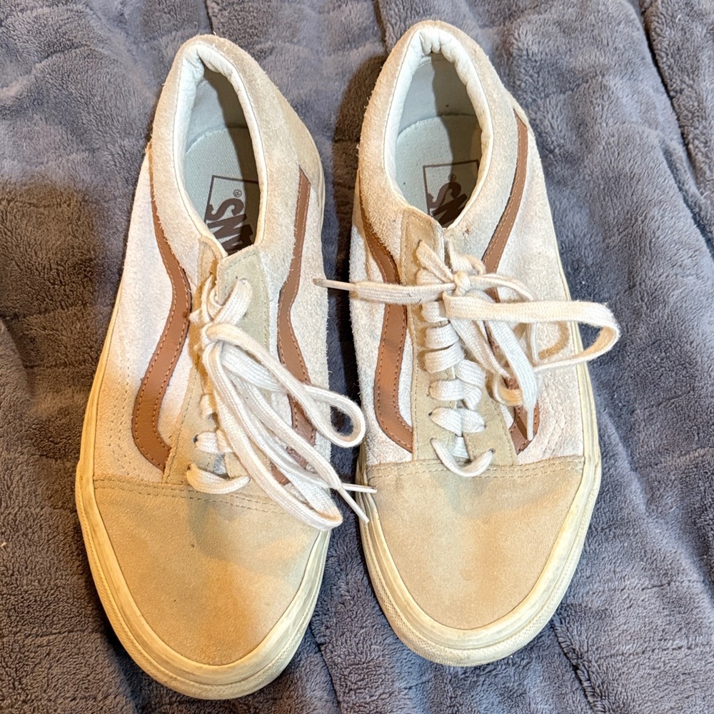 Women’s size 7, suede leather, Vans, Cream and Tan Lace-Up Sneakers.